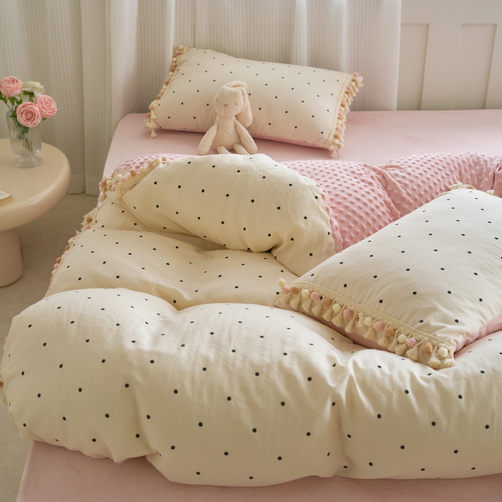 91家纺网 家纺一手货源 找家纺 洋铭区（原狠狠爱） 2025秋冬彩球双层纱+豆豆绒四件套系列 小米黑点