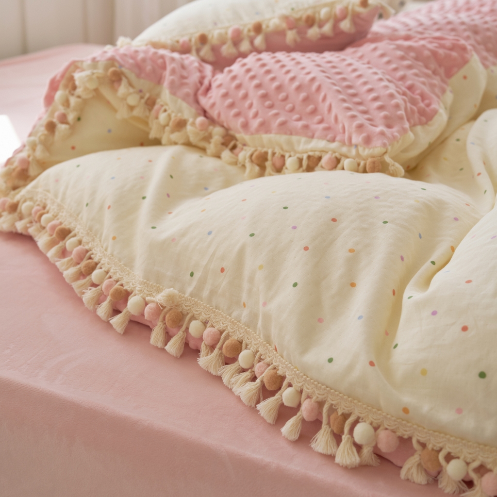 91家纺网 家纺一手货源 找家纺 洋铭区（原狠狠爱） 2025秋冬彩球双层纱+豆豆绒四件套系列 小米彩点