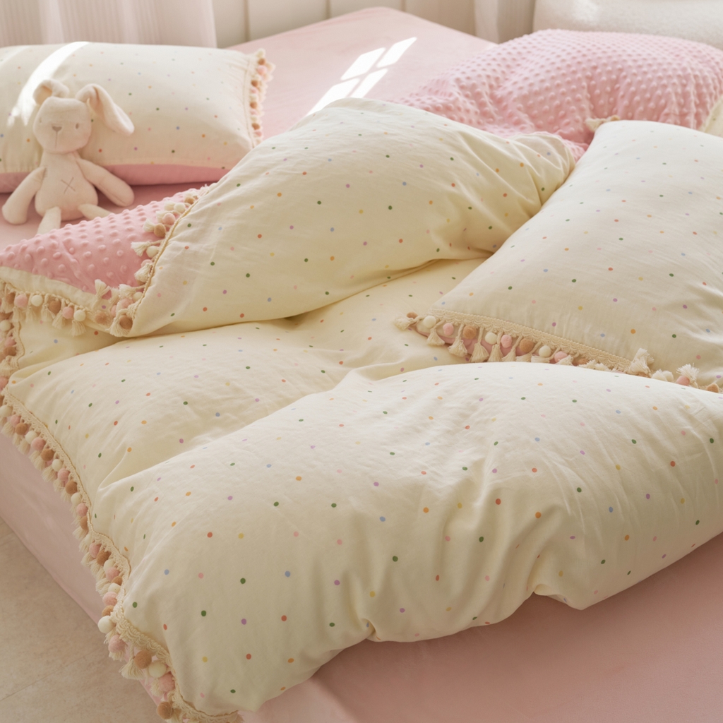 91家纺网 家纺一手货源 找家纺 洋铭区（原狠狠爱） 2025秋冬彩球双层纱+豆豆绒四件套系列 小米彩点