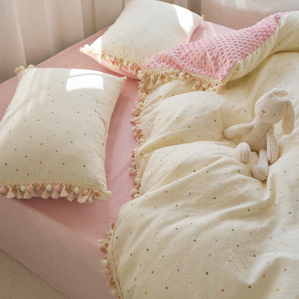 91家纺网 家纺一手货源 找家纺 洋铭区（原狠狠爱） 2025秋冬彩球双层纱+豆豆绒四件套系列 小米彩点