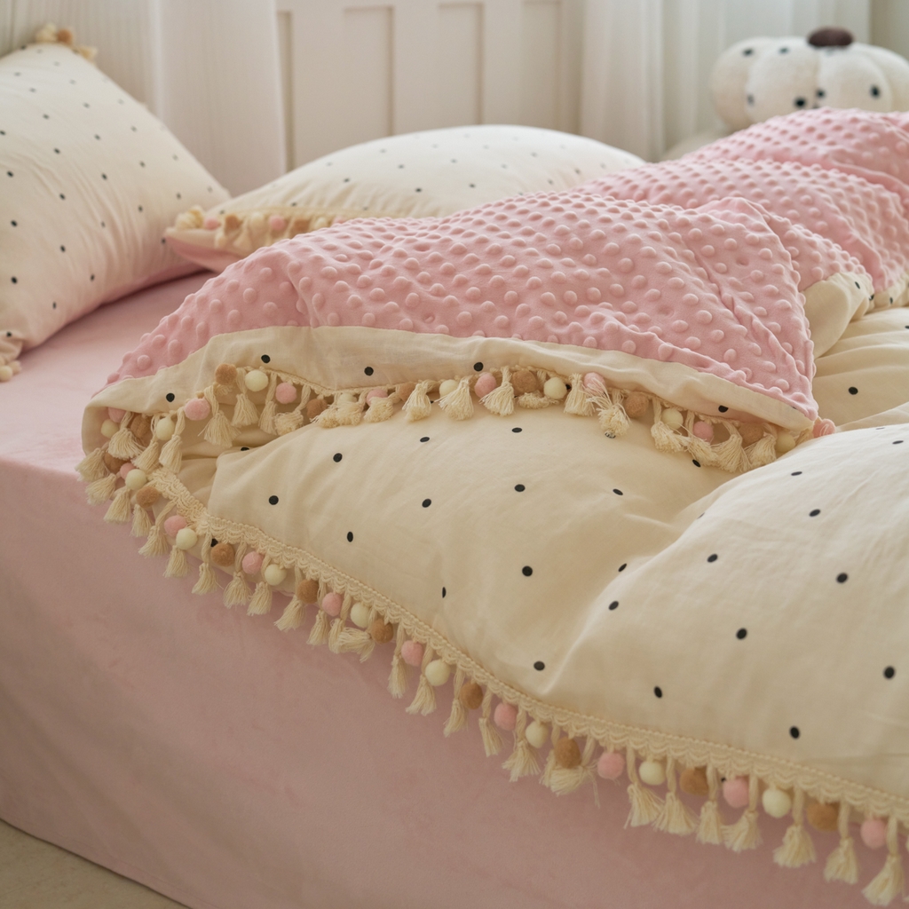 91家纺网 家纺一手货源 找家纺 洋铭区（原狠狠爱） 2025秋冬彩球双层纱+豆豆绒四件套系列 小米黑点