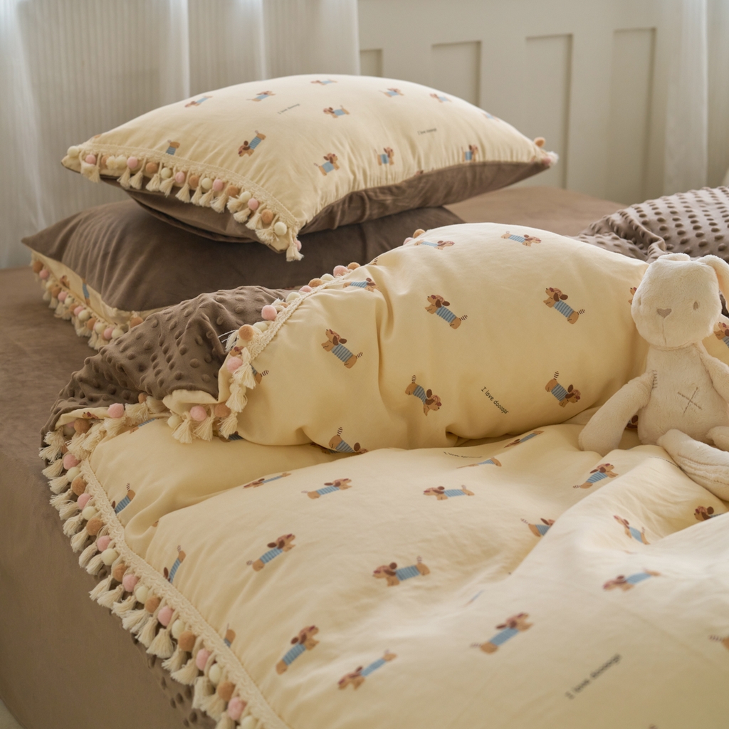 91家纺网 家纺一手货源 找家纺 洋铭区（原狠狠爱） 2025秋冬彩球双层纱+豆豆绒四件套系列 软萌小狗