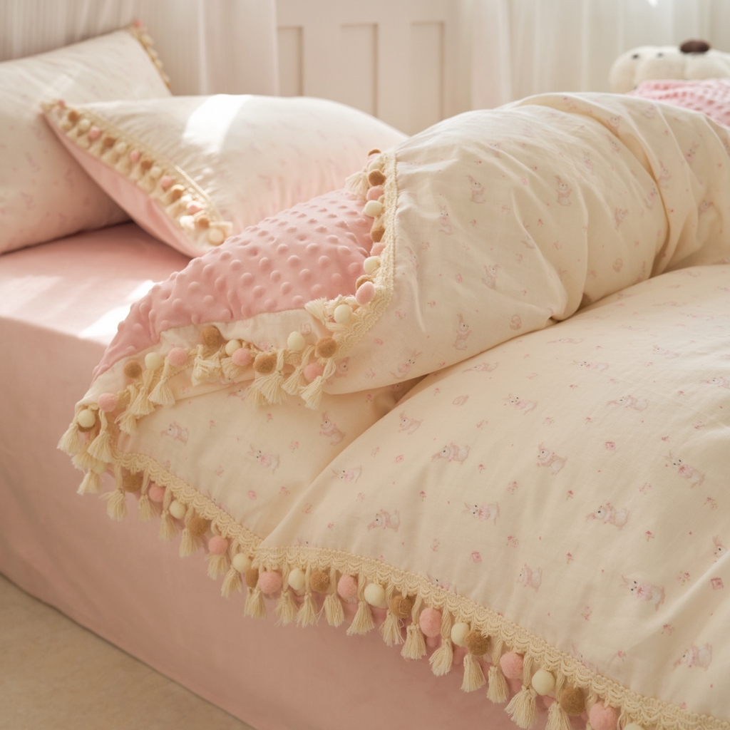 91家纺网 家纺一手货源 找家纺 洋铭区（原狠狠爱） 2025秋冬彩球双层纱+豆豆绒四件套系列 布蕾粉兔