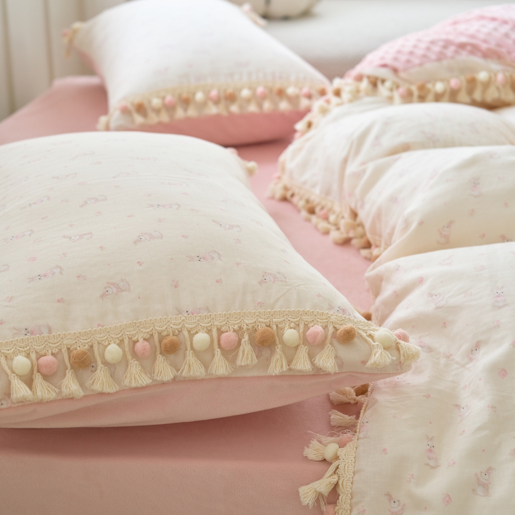 91家纺网 家纺一手货源 找家纺 洋铭区（原狠狠爱） 2025秋冬彩球双层纱+豆豆绒四件套系列 布蕾粉兔