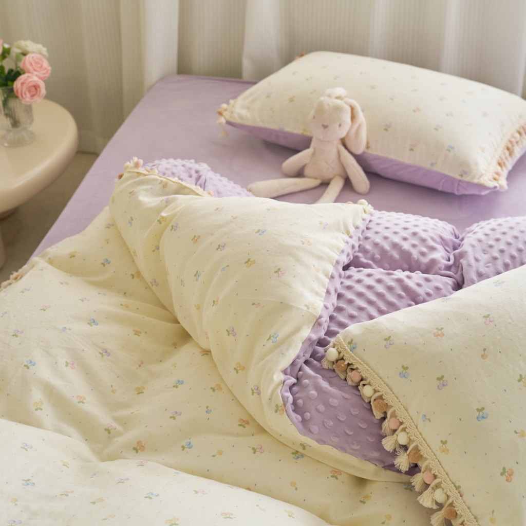 91家纺网 家纺一手货源 找家纺 洋铭区（原狠狠爱） 2025秋冬彩球双层纱+豆豆绒四件套系列 果酱樱桃