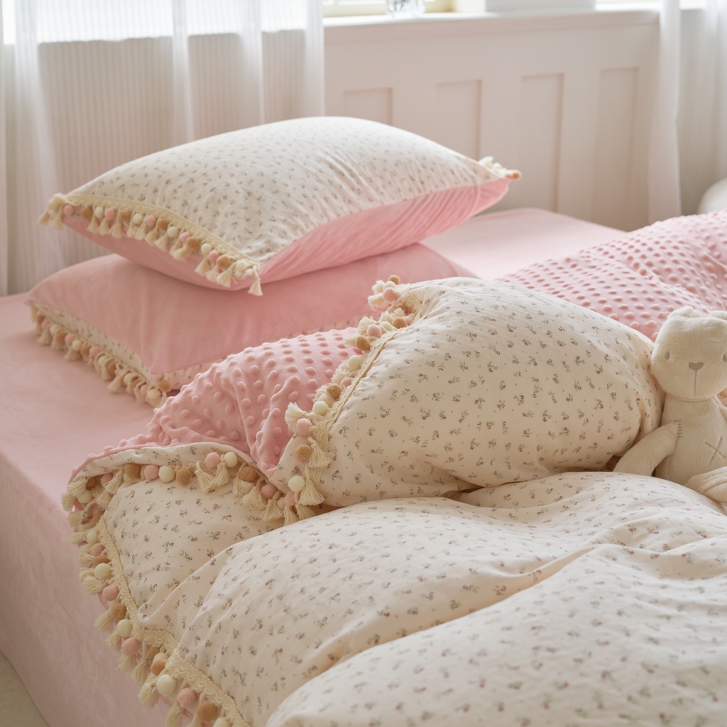 91家纺网 家纺一手货源 找家纺 洋铭区（原狠狠爱） 2025秋冬彩球双层纱+豆豆绒四件套系列 琉璃樱花