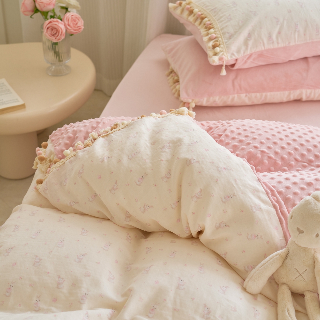 91家纺网 家纺一手货源 找家纺 洋铭区（原狠狠爱） 2025秋冬彩球双层纱+豆豆绒四件套系列 布蕾粉兔