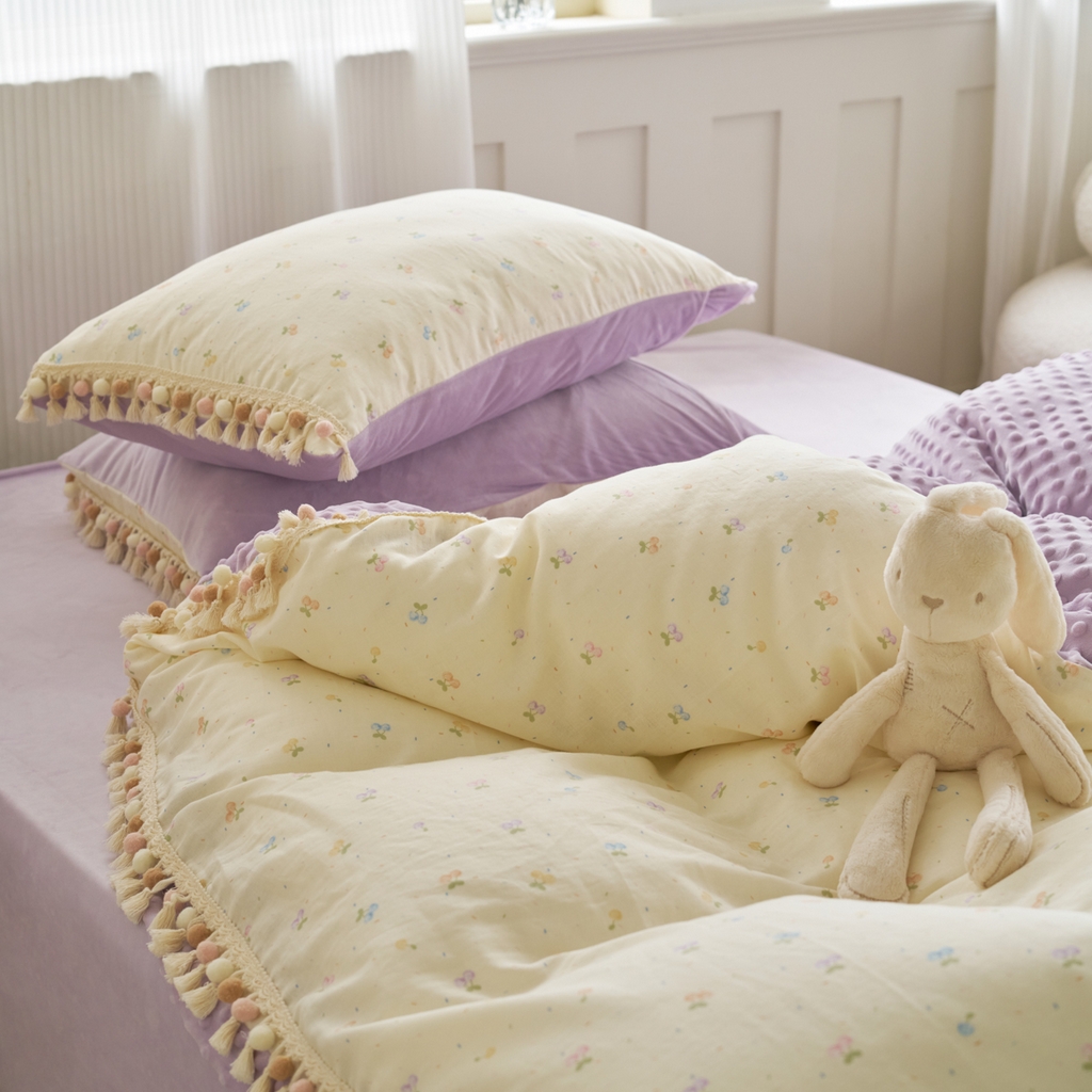 91家纺网 家纺一手货源 找家纺 洋铭区（原狠狠爱） 2025秋冬彩球双层纱+豆豆绒四件套系列 果酱樱桃