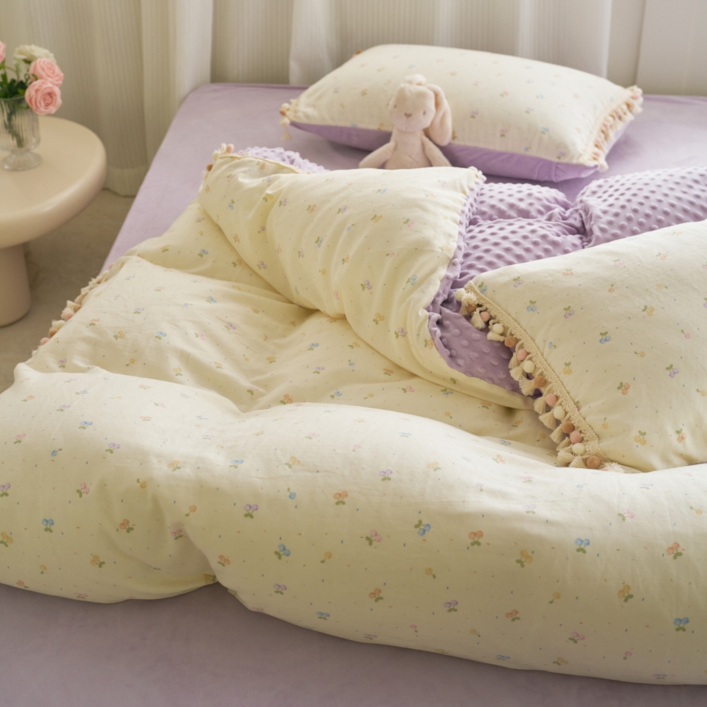 91家纺网 家纺一手货源 找家纺 洋铭区（原狠狠爱） 2025秋冬彩球双层纱+豆豆绒四件套系列 果酱樱桃