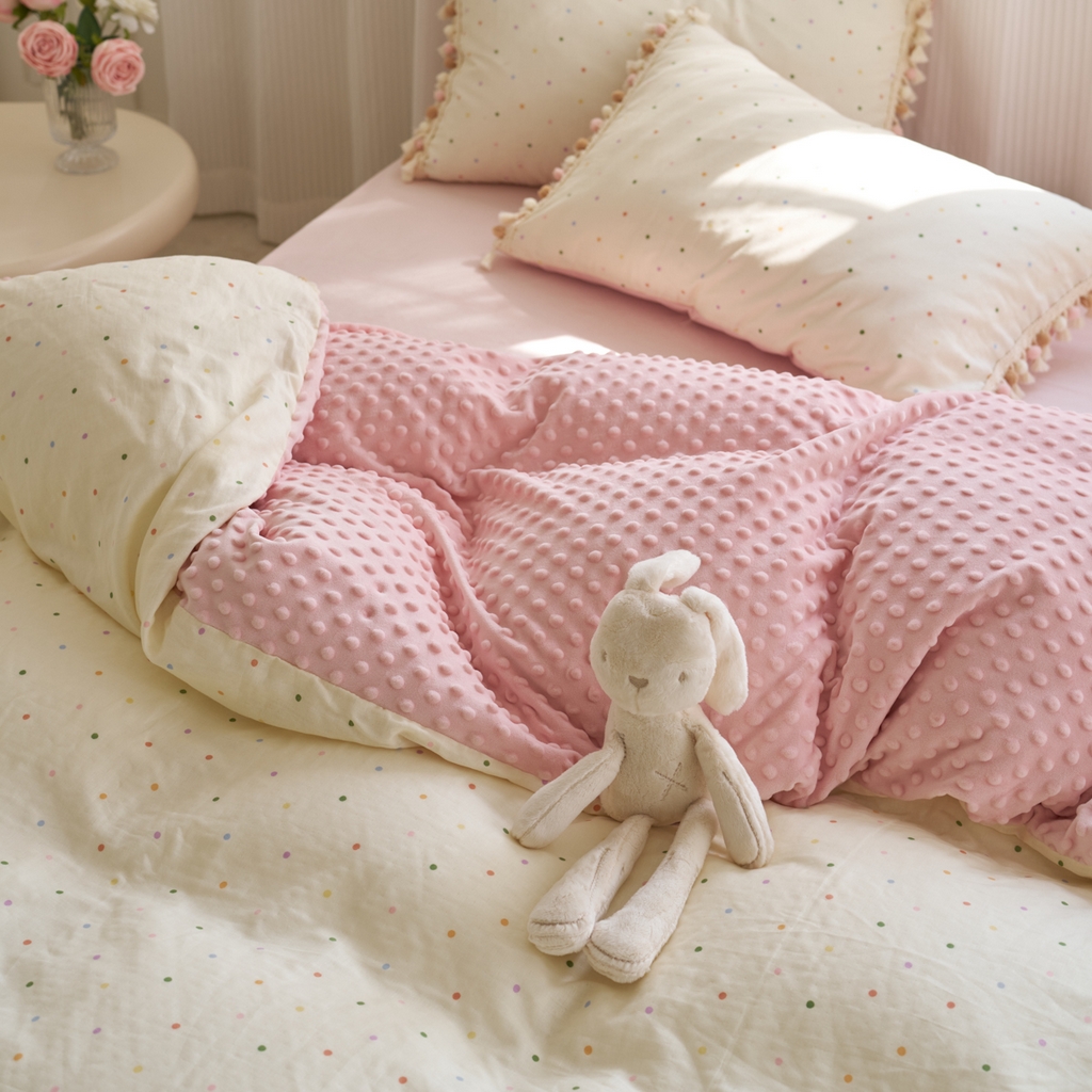 91家纺网 家纺一手货源 找家纺 洋铭区（原狠狠爱） 2025秋冬彩球双层纱+豆豆绒四件套系列 小米彩点