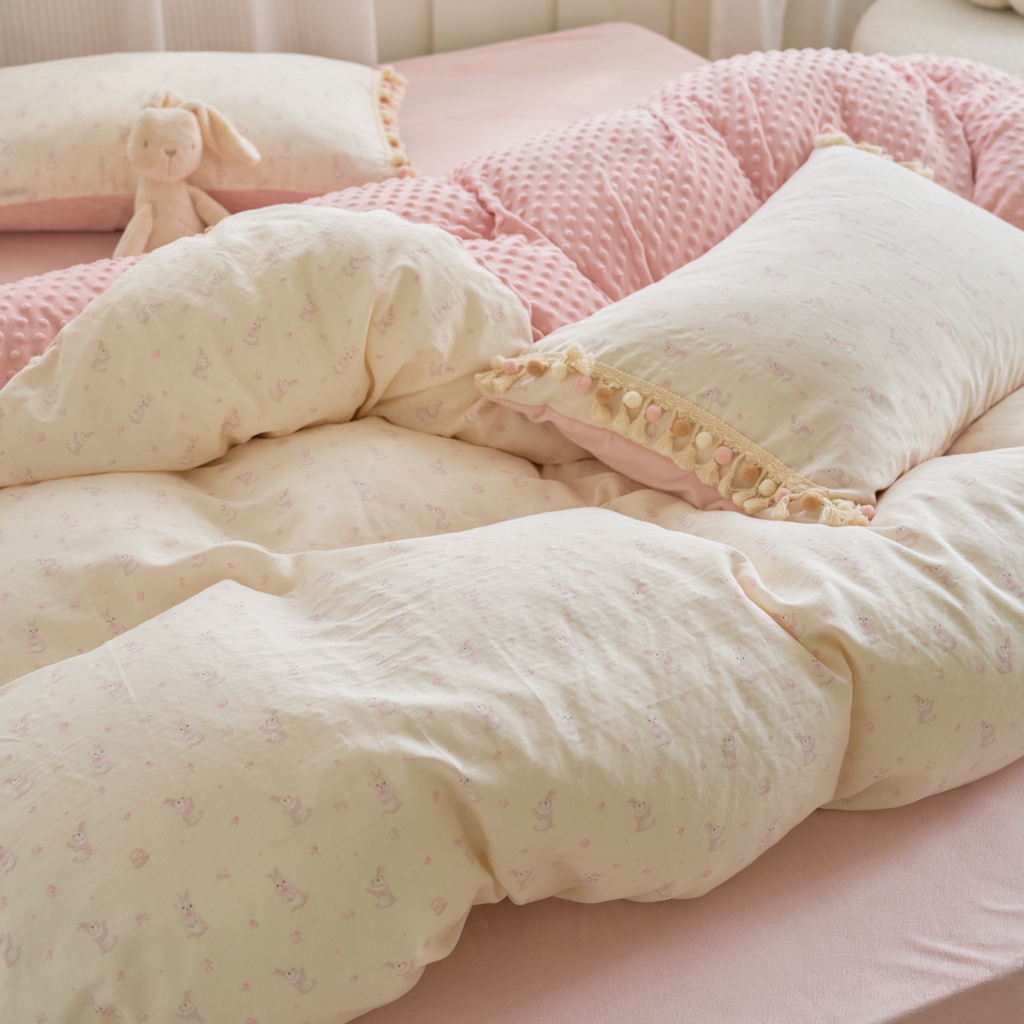 91家纺网 家纺一手货源 找家纺 洋铭区（原狠狠爱） 2025秋冬彩球双层纱+豆豆绒四件套系列 布蕾粉兔