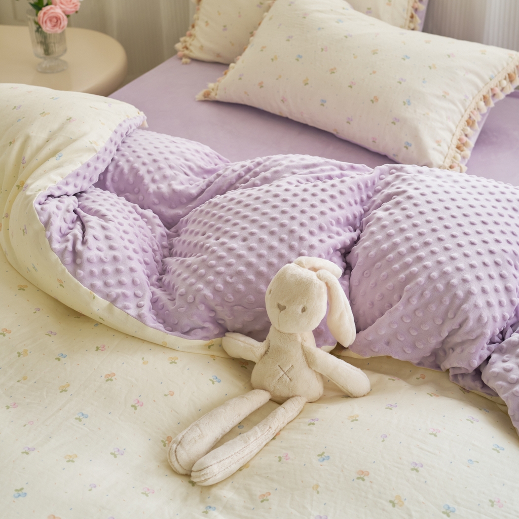 91家纺网 家纺一手货源 找家纺 洋铭区（原狠狠爱） 2025秋冬彩球双层纱+豆豆绒四件套系列 果酱樱桃