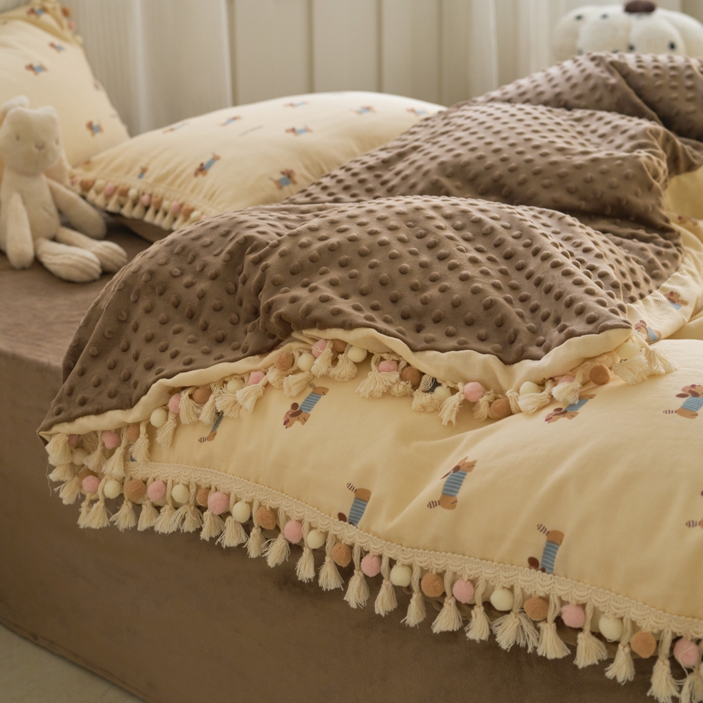 91家纺网 家纺一手货源 找家纺 洋铭区（原狠狠爱） 2025秋冬彩球双层纱+豆豆绒四件套系列 软萌小狗