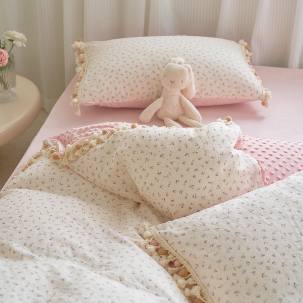 91家纺网 家纺一手货源 找家纺 洋铭区（原狠狠爱） 2025秋冬彩球双层纱+豆豆绒四件套系列 琉璃樱花