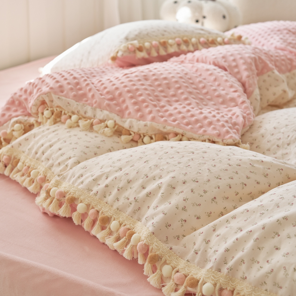 91家纺网 家纺一手货源 找家纺 洋铭区（原狠狠爱） 2025秋冬彩球双层纱+豆豆绒四件套系列 琉璃樱花