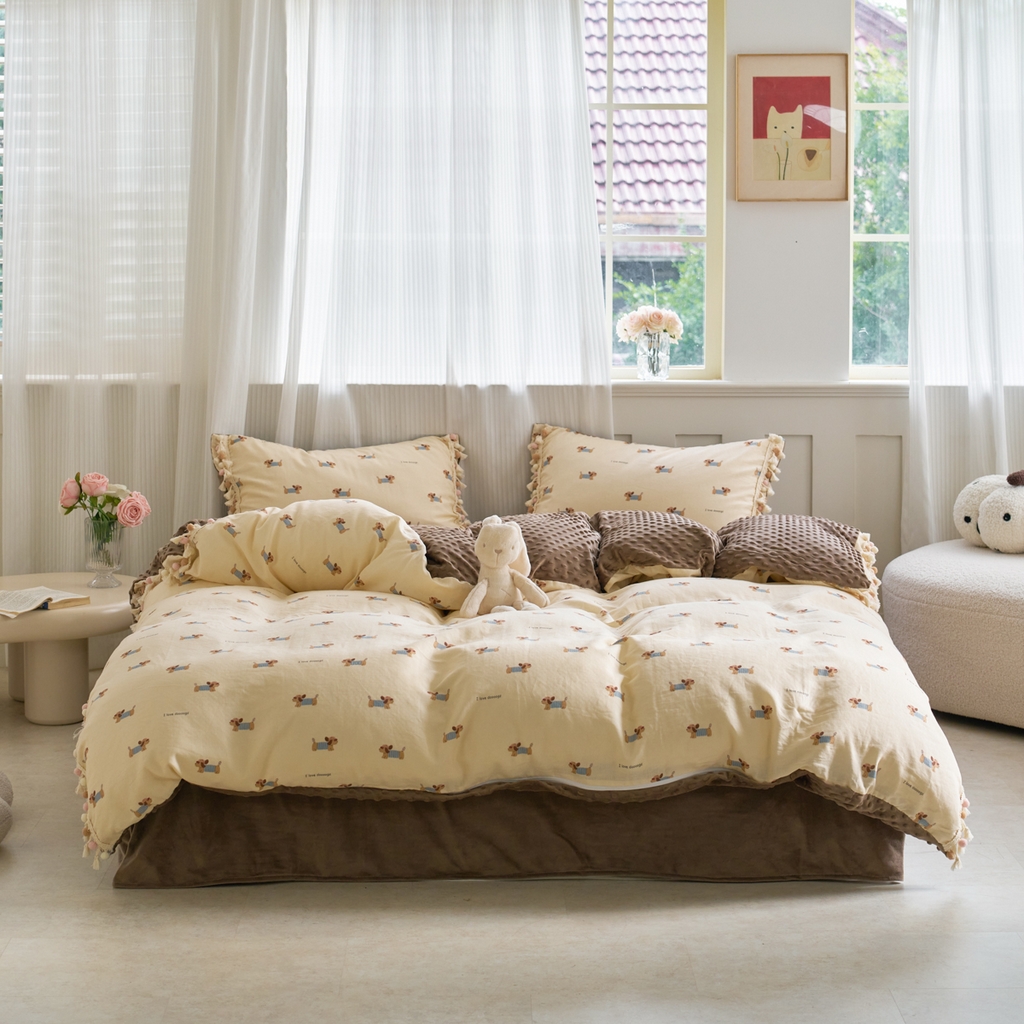 洋铭区（原狠狠爱） 2025秋冬彩球双层纱+豆豆绒四件套系列 软萌小狗