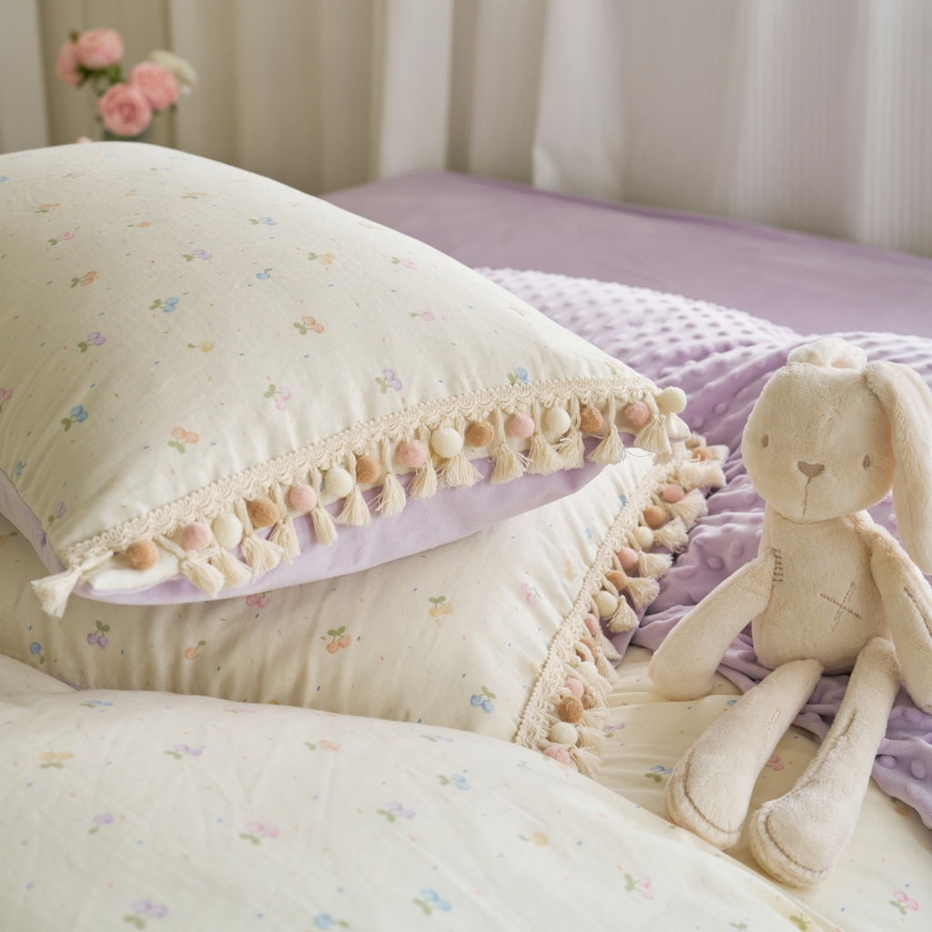 91家纺网 家纺一手货源 找家纺 洋铭区（原狠狠爱） 2025秋冬彩球双层纱+豆豆绒四件套系列 果酱樱桃