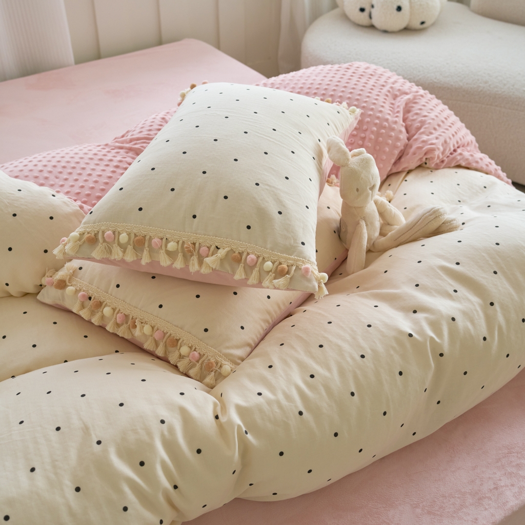 91家纺网 家纺一手货源 找家纺 洋铭区（原狠狠爱） 2025秋冬彩球双层纱+豆豆绒四件套系列 小米黑点