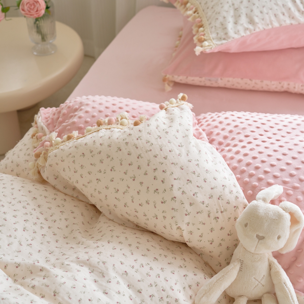 91家纺网 家纺一手货源 找家纺 洋铭区（原狠狠爱） 2025秋冬彩球双层纱+豆豆绒四件套系列 琉璃樱花