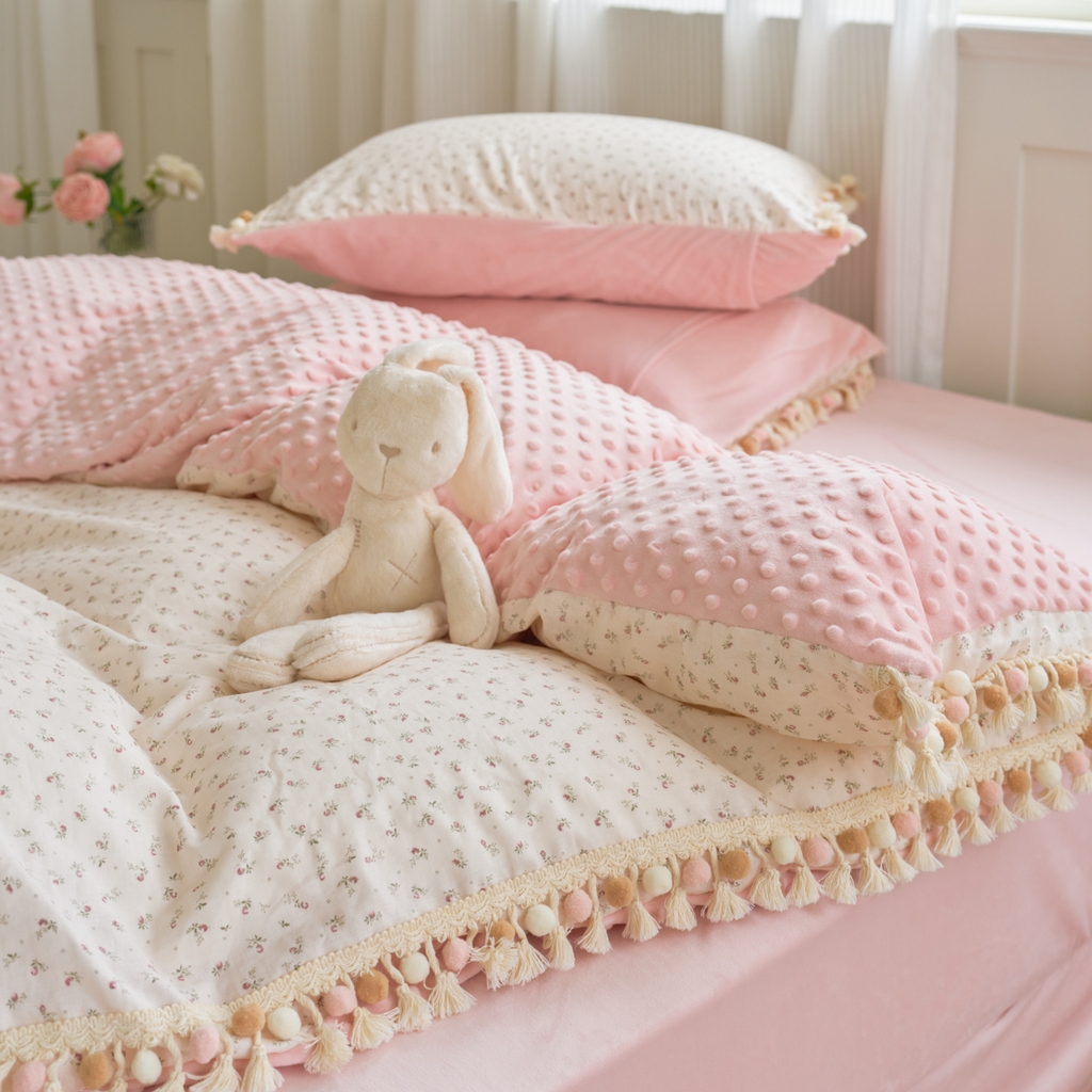 91家纺网 家纺一手货源 找家纺 洋铭区（原狠狠爱） 2025秋冬彩球双层纱+豆豆绒四件套系列 琉璃樱花