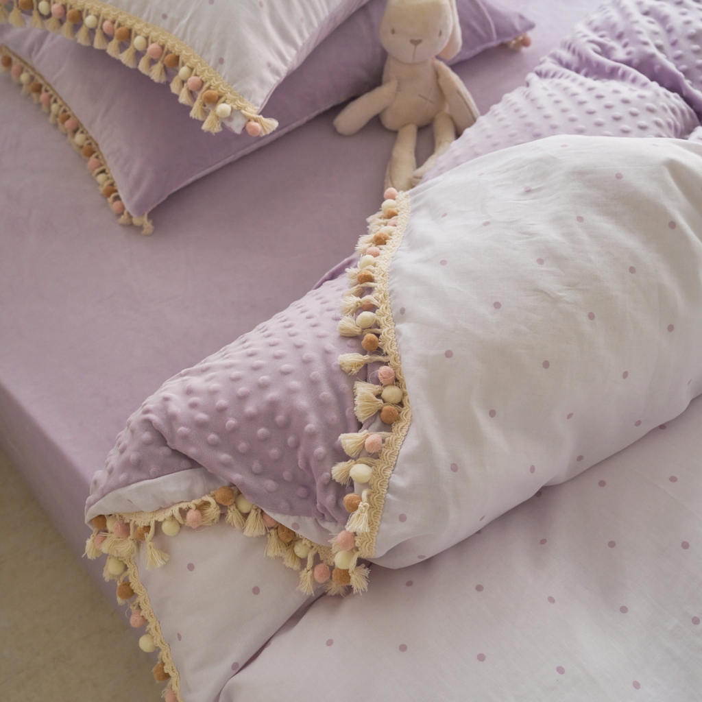 91家纺网 家纺一手货源 找家纺 洋铭区（原狠狠爱） 2025秋冬彩球双层纱+豆豆绒四件套系列 小米紫点