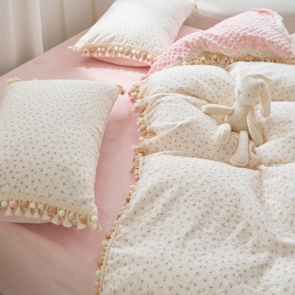 91家纺网 家纺一手货源 找家纺 洋铭区（原狠狠爱） 2025秋冬彩球双层纱+豆豆绒四件套系列 琉璃樱花