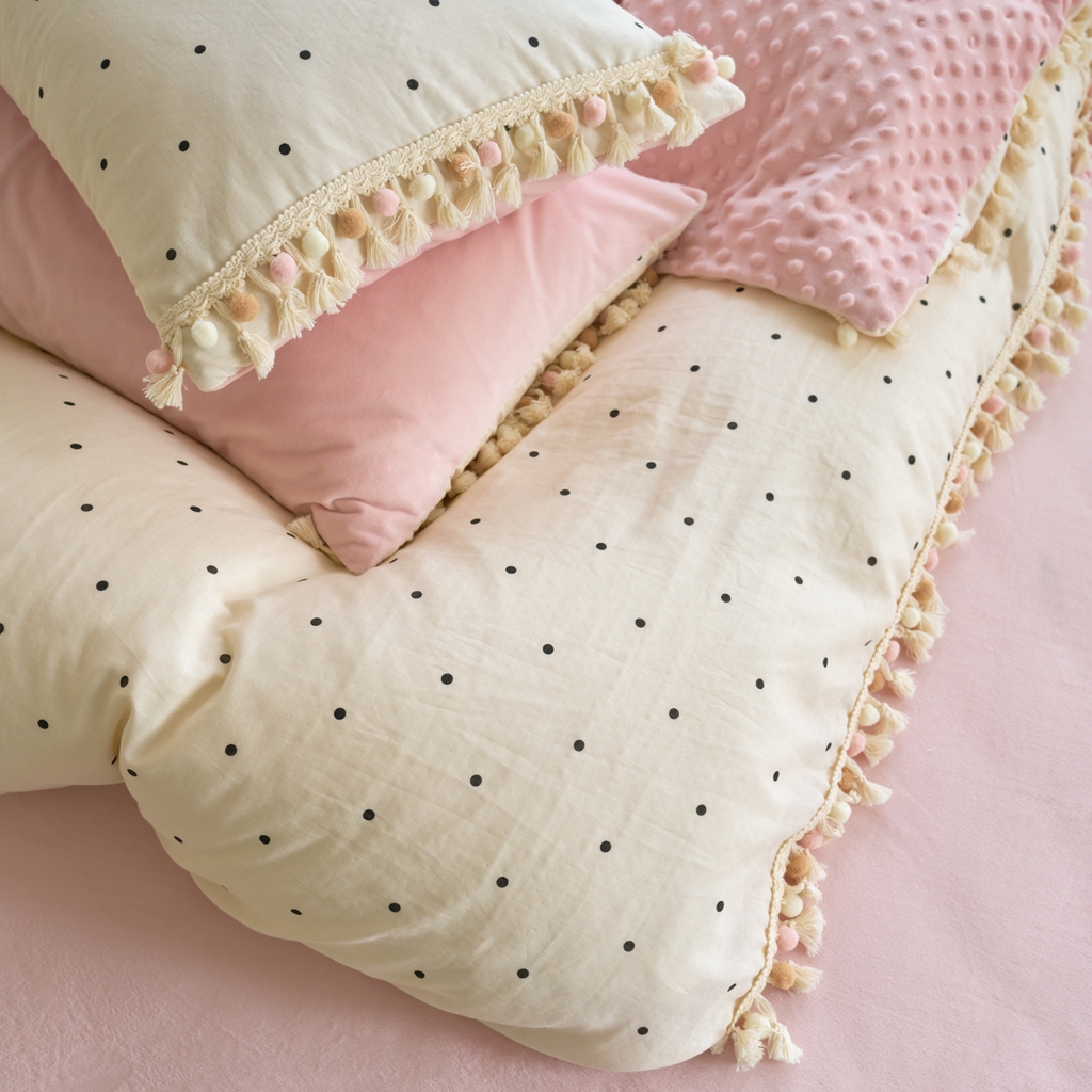 91家纺网 家纺一手货源 找家纺 洋铭区（原狠狠爱） 2025秋冬彩球双层纱+豆豆绒四件套系列 小米黑点