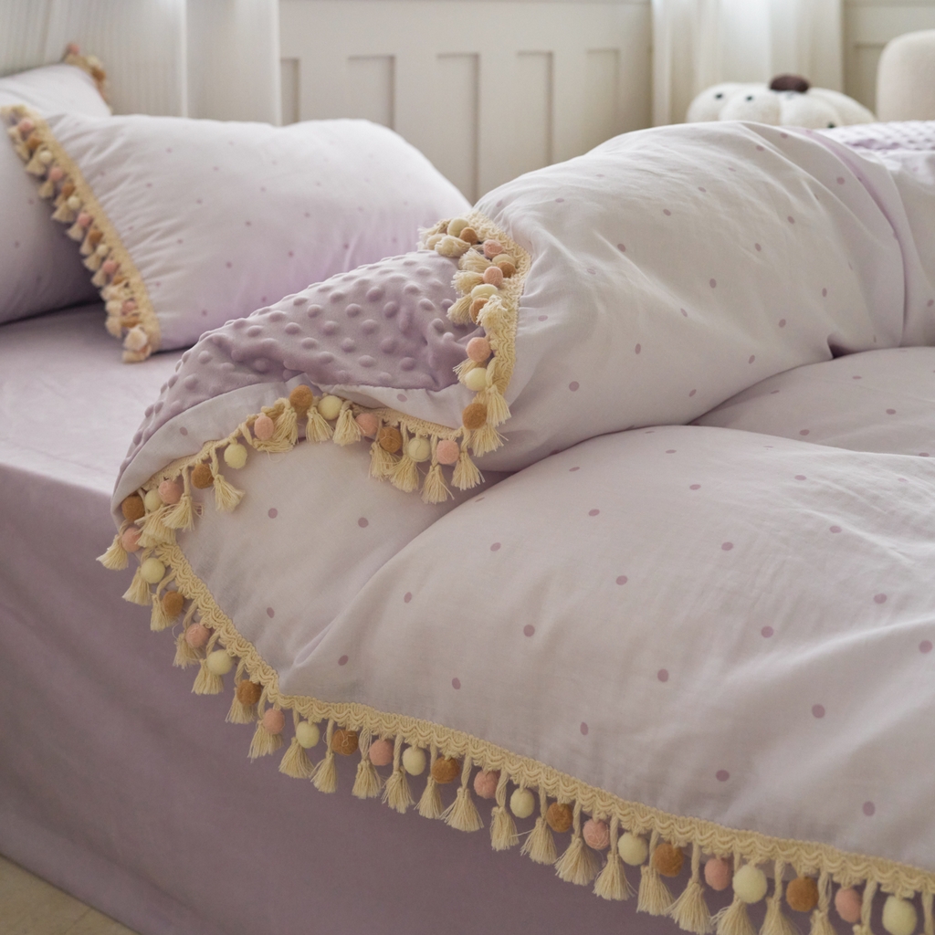 91家纺网 家纺一手货源 找家纺 洋铭区（原狠狠爱） 2025秋冬彩球双层纱+豆豆绒四件套系列 小米紫点