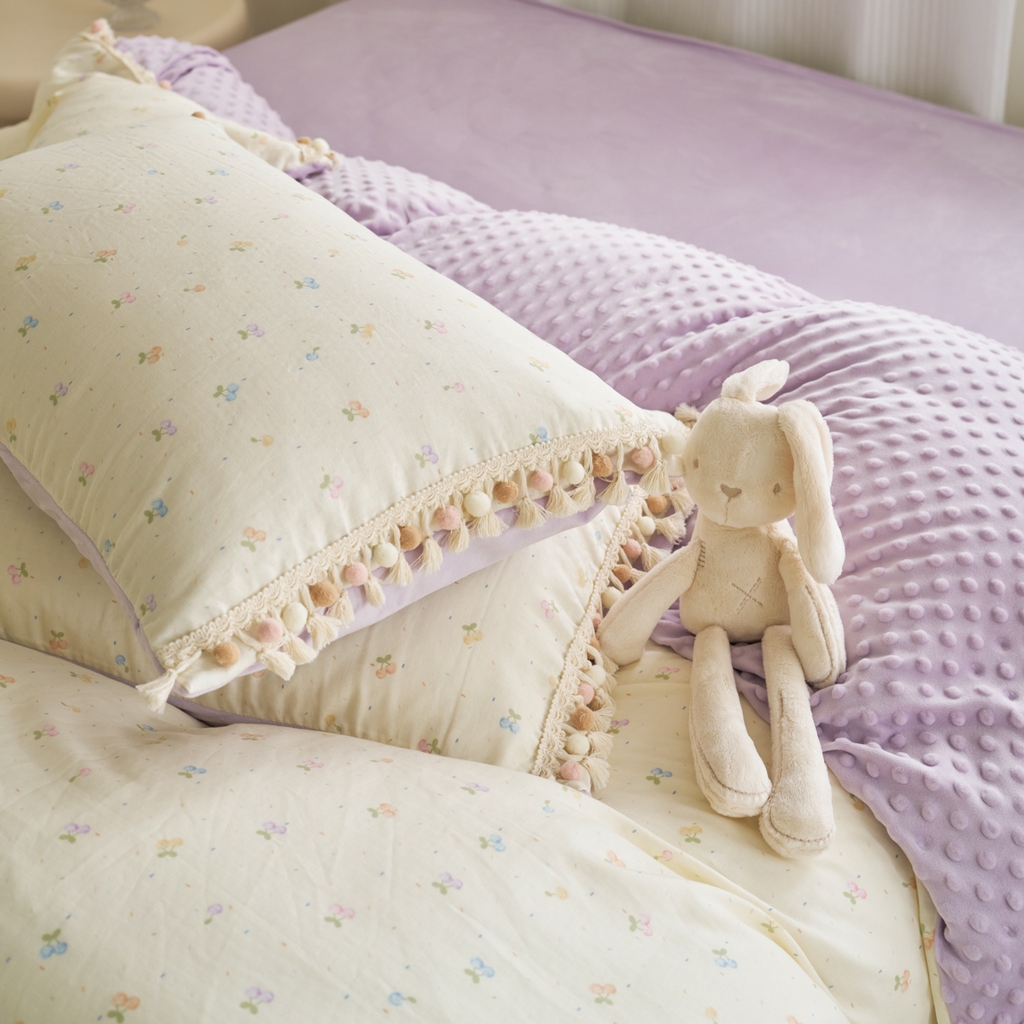 91家纺网 家纺一手货源 找家纺 洋铭区（原狠狠爱） 2025秋冬彩球双层纱+豆豆绒四件套系列 果酱樱桃