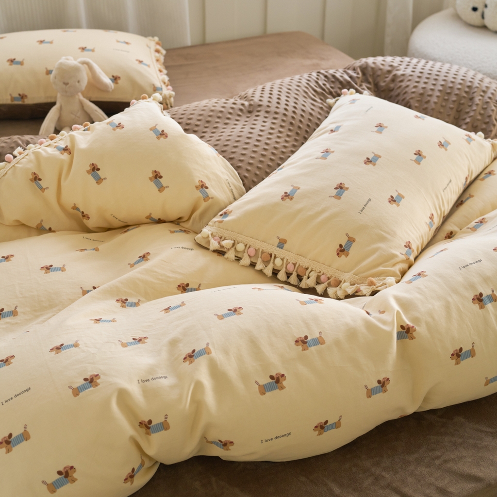 91家纺网 家纺一手货源 找家纺 洋铭区（原狠狠爱） 2025秋冬彩球双层纱+豆豆绒四件套系列 软萌小狗