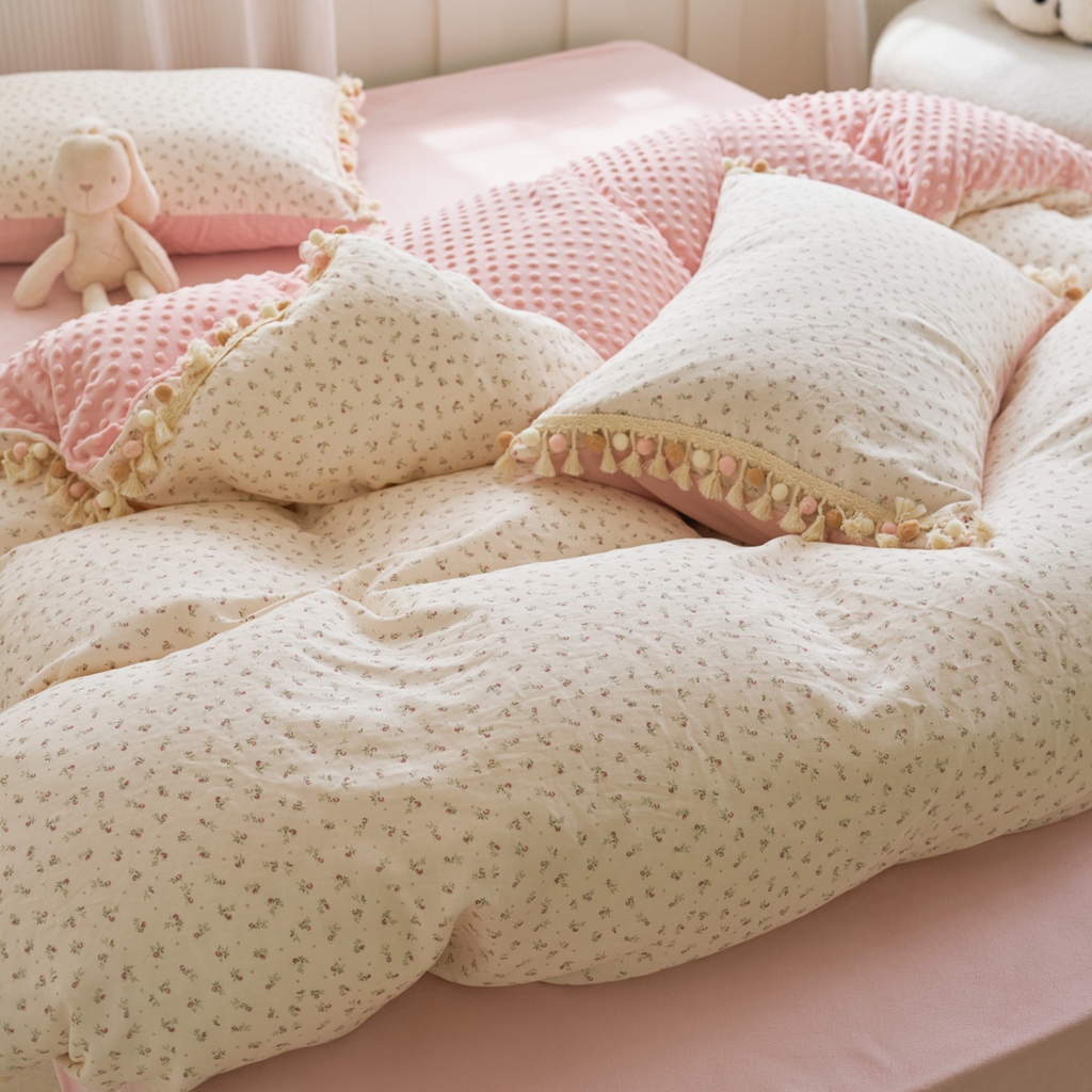 91家纺网 家纺一手货源 找家纺 洋铭区（原狠狠爱） 2025秋冬彩球双层纱+豆豆绒四件套系列 琉璃樱花