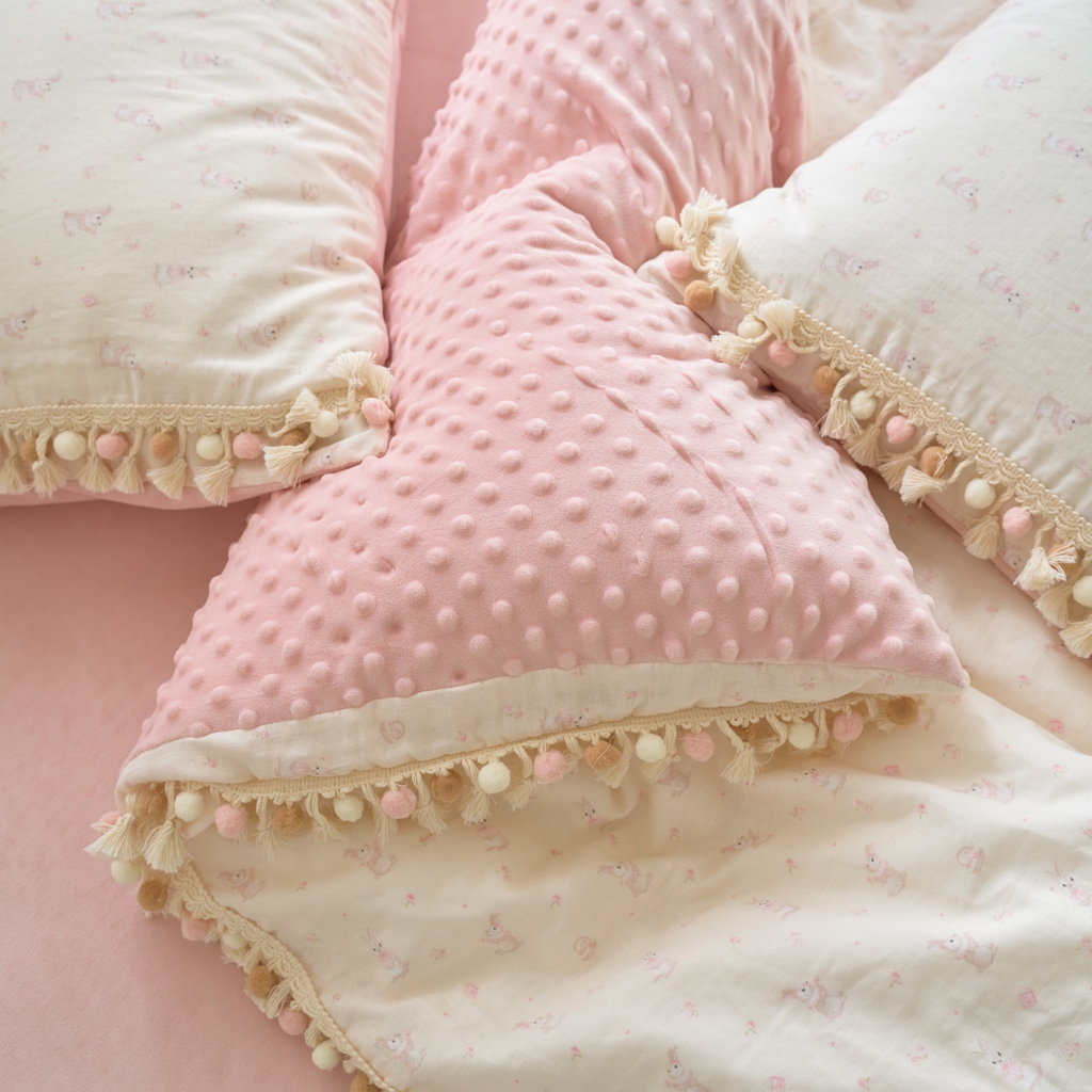 91家纺网 家纺一手货源 找家纺 洋铭区（原狠狠爱） 2025秋冬彩球双层纱+豆豆绒四件套系列 布蕾粉兔