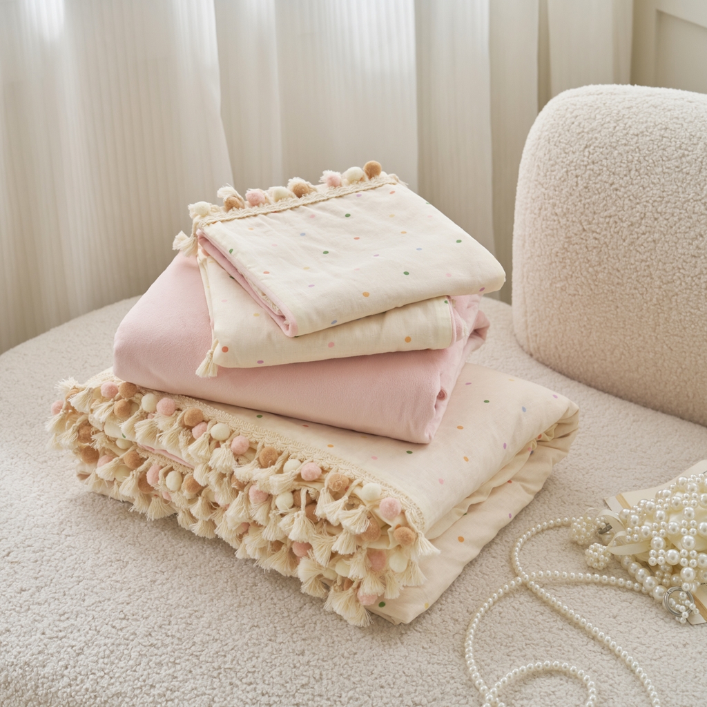 91家纺网 家纺一手货源 找家纺 洋铭区（原狠狠爱） 2025秋冬彩球双层纱+豆豆绒四件套系列 小米彩点