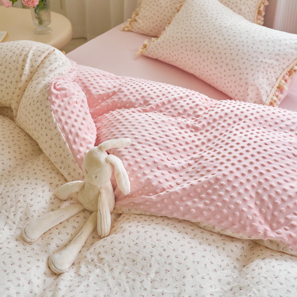 91家纺网 家纺一手货源 找家纺 洋铭区（原狠狠爱） 2025秋冬彩球双层纱+豆豆绒四件套系列 琉璃樱花