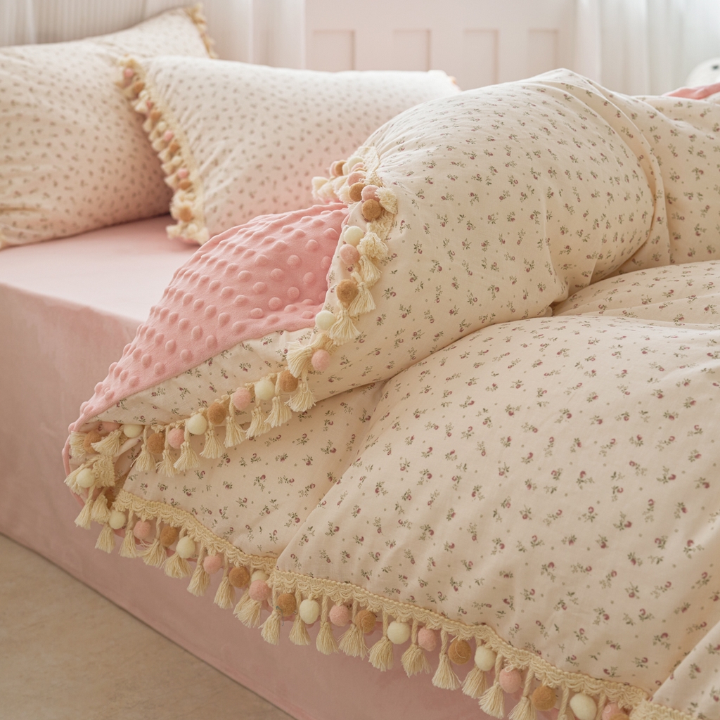 91家纺网 家纺一手货源 找家纺 洋铭区（原狠狠爱） 2025秋冬彩球双层纱+豆豆绒四件套系列 琉璃樱花