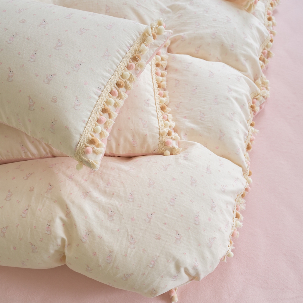 91家纺网 家纺一手货源 找家纺 洋铭区（原狠狠爱） 2025秋冬彩球双层纱+豆豆绒四件套系列 布蕾粉兔