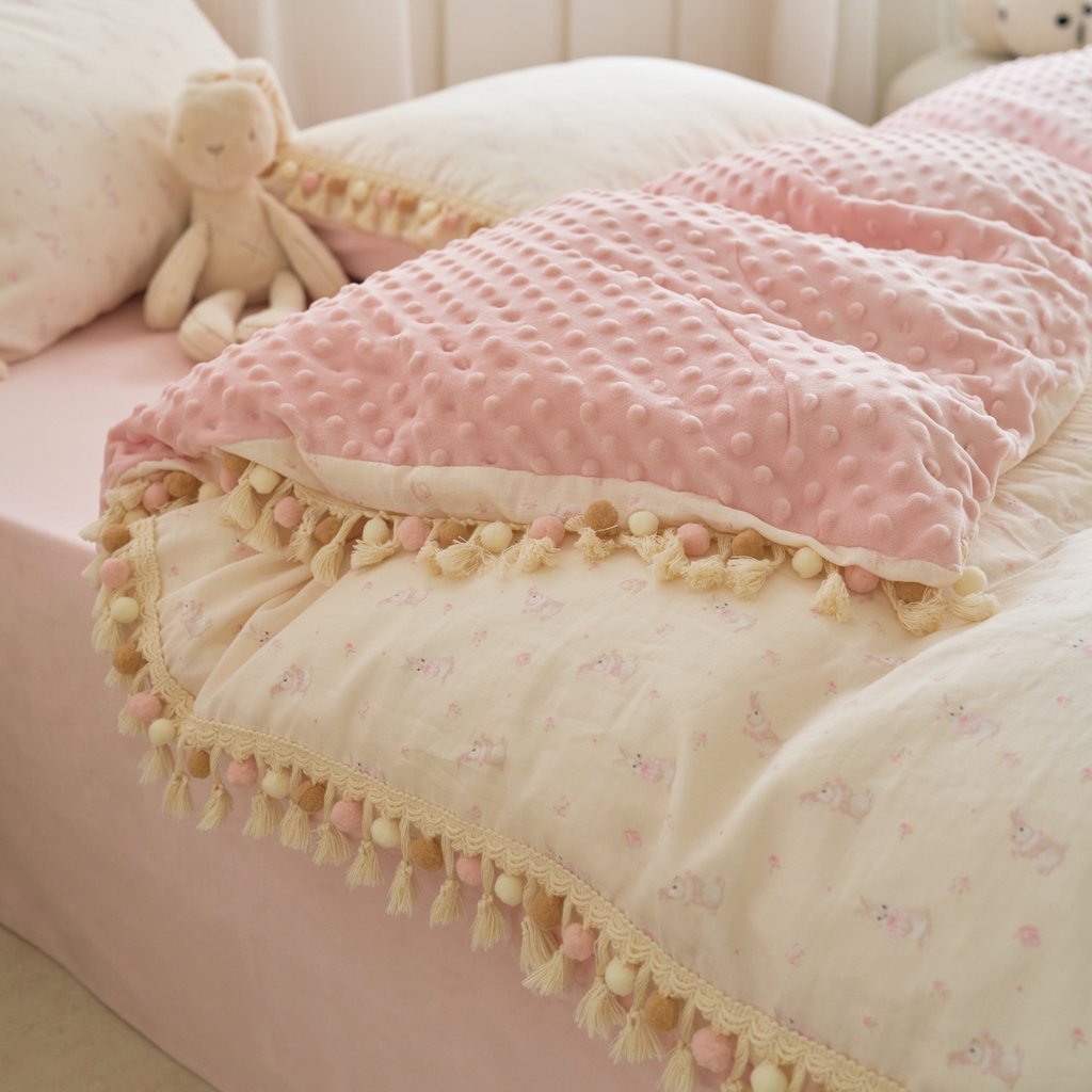 91家纺网 家纺一手货源 找家纺 洋铭区（原狠狠爱） 2025秋冬彩球双层纱+豆豆绒四件套系列 布蕾粉兔