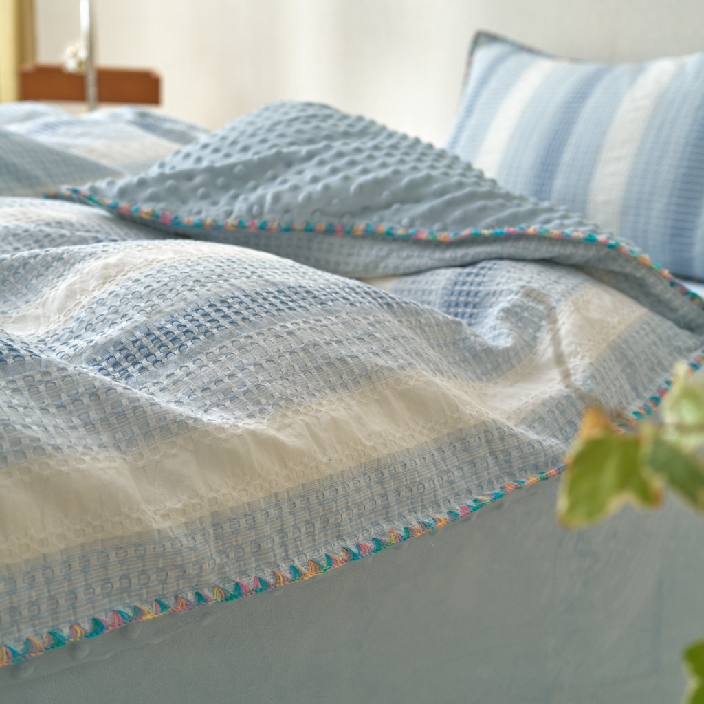 91家纺网 家纺一手货源 找家纺 洋铭区（原狠狠爱） 2025秋冬全棉华夫格+豆豆绒四件套系列 元气蓝