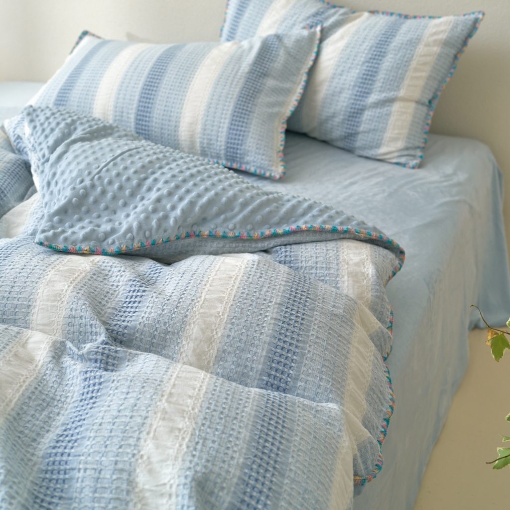 91家纺网 家纺一手货源 找家纺 洋铭区（原狠狠爱） 2025秋冬全棉华夫格+豆豆绒四件套系列 元气蓝