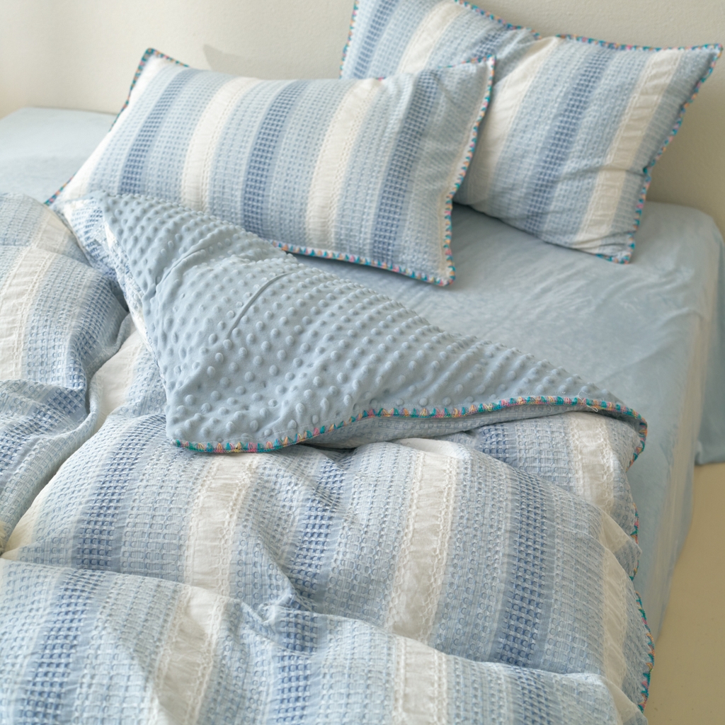 91家纺网 家纺一手货源 找家纺 洋铭区（原狠狠爱） 2025秋冬全棉华夫格+豆豆绒四件套系列 元气蓝