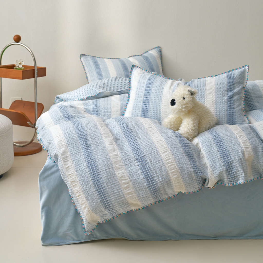 91家纺网 家纺一手货源 找家纺 洋铭区（原狠狠爱） 2025秋冬全棉华夫格+豆豆绒四件套系列 元气蓝