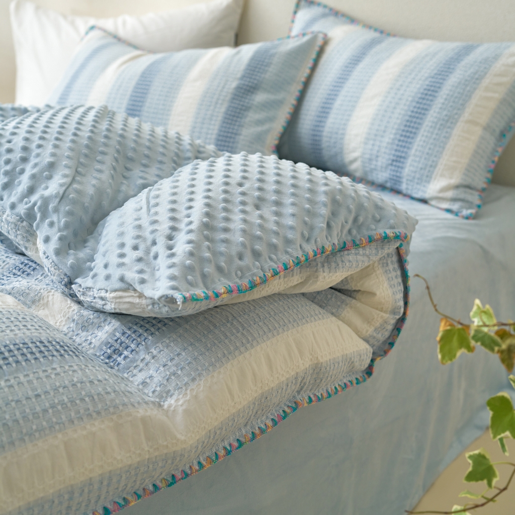 91家纺网 家纺一手货源 找家纺 洋铭区（原狠狠爱） 2025秋冬全棉华夫格+豆豆绒四件套系列 元气蓝