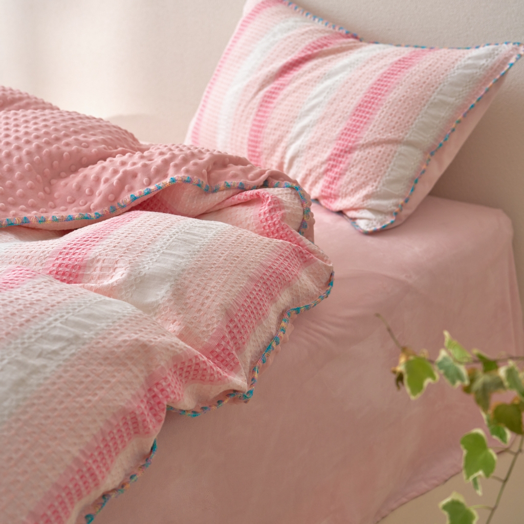 91家纺网 家纺一手货源 找家纺 洋铭区（原狠狠爱） 2025秋冬全棉华夫格+豆豆绒四件套系列 香香粉