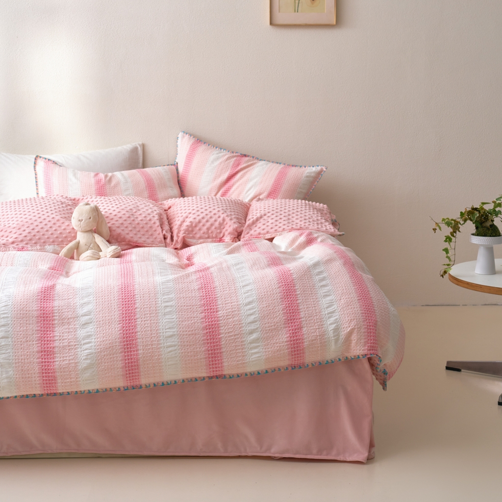 91家纺网 家纺一手货源 找家纺 洋铭区（原狠狠爱） 2025秋冬全棉华夫格+豆豆绒四件套系列 香香粉