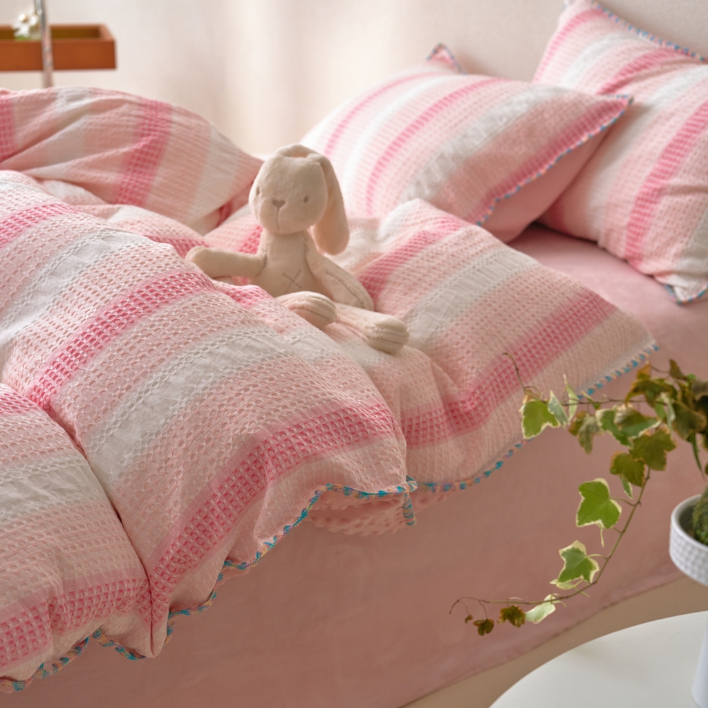 91家纺网 家纺一手货源 找家纺 洋铭区（原狠狠爱） 2025秋冬全棉华夫格+豆豆绒四件套系列 香香粉