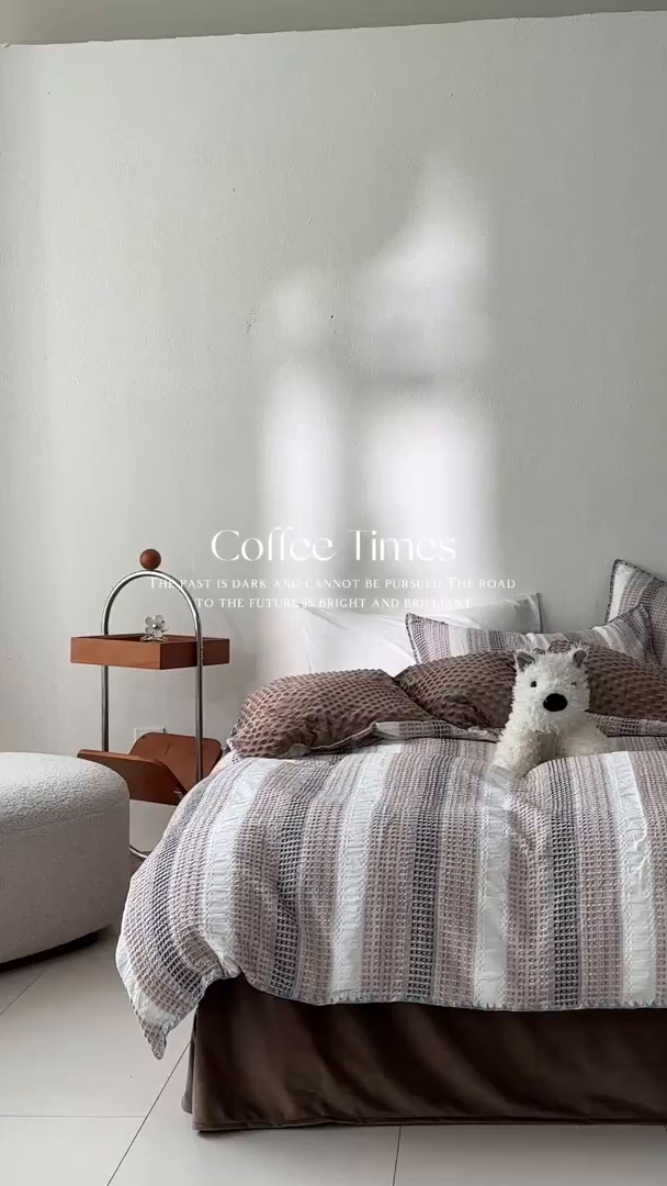 91家纺网 家纺一手货源 找家纺 洋铭区（原狠狠爱） 2025秋冬全棉华夫格+豆豆绒四件套系列 松露咖