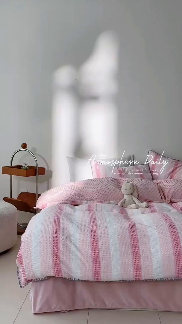 91家纺网 家纺一手货源 找家纺 洋铭区（原狠狠爱） 2025秋冬全棉华夫格+豆豆绒四件套系列 香香粉