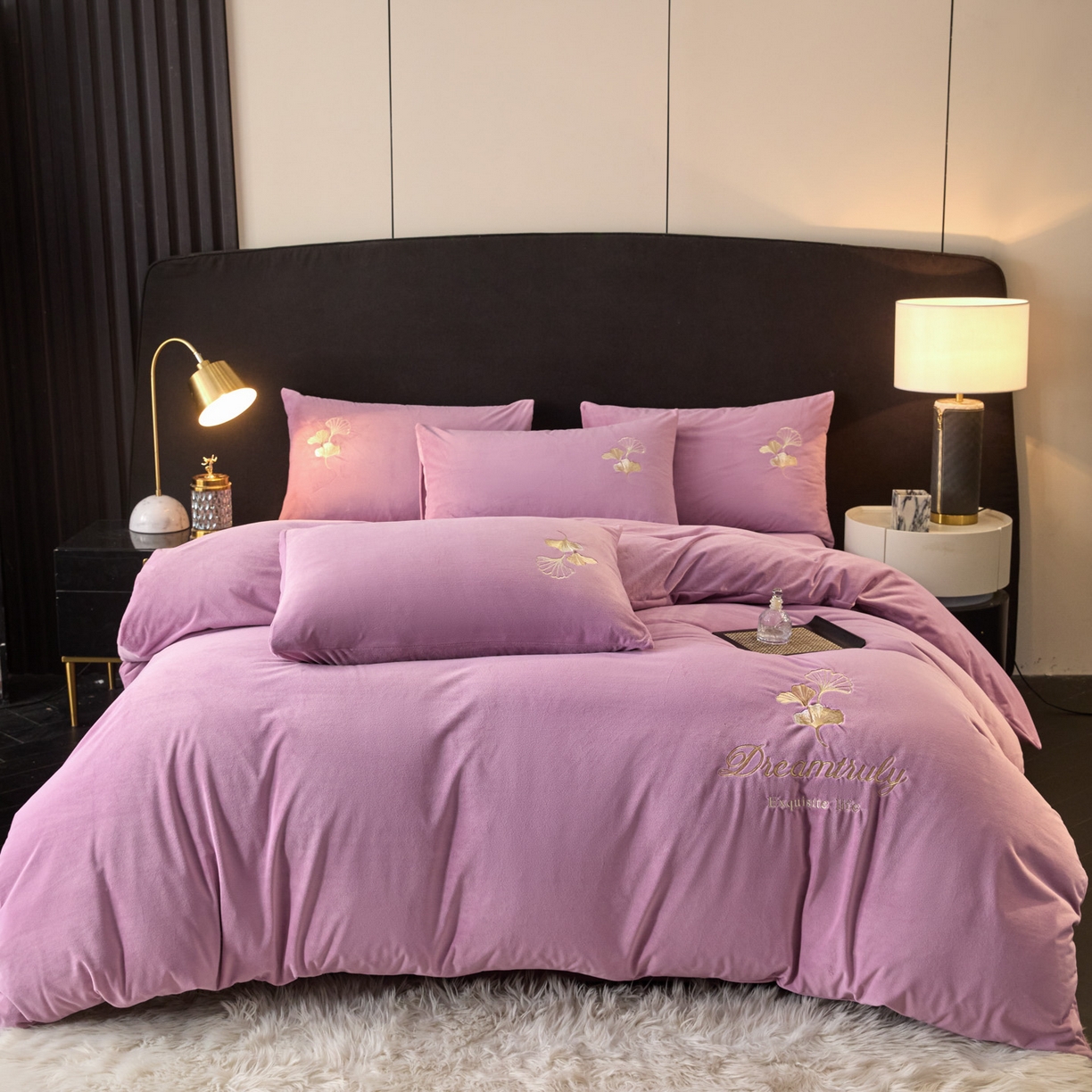 91家纺网 家纺一手货源 找家纺 如一 2025新款水晶绒刺绣四件套 银杏-安娜紫