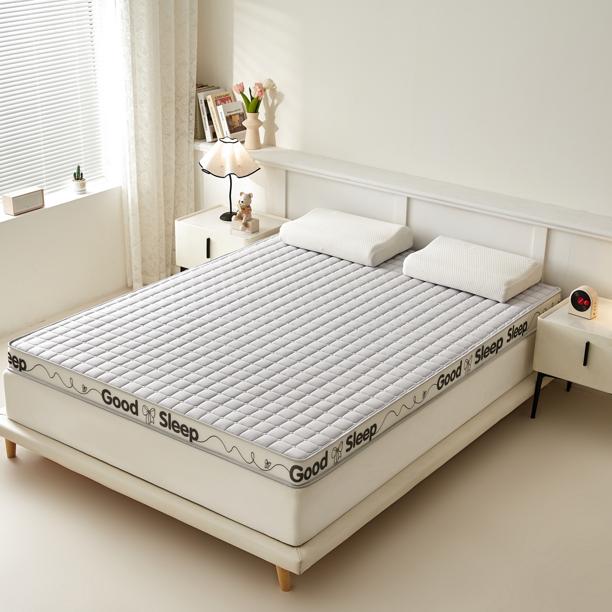 91家纺网 家纺一手货源 找家纺 元昊床垫 2025新款立体针织乳胶记忆海绵床垫 蝴蝶结-落尘灰