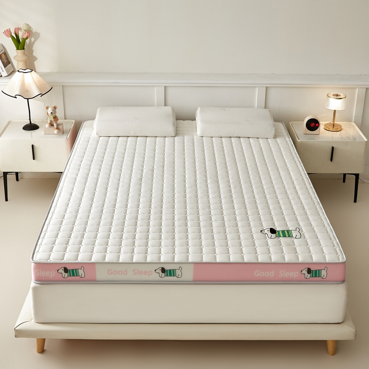 91家纺网 家纺一手货源 找家纺 元昊床垫 2025新款立体针织乳胶记忆海绵床垫 汪汪狗-布丁粉